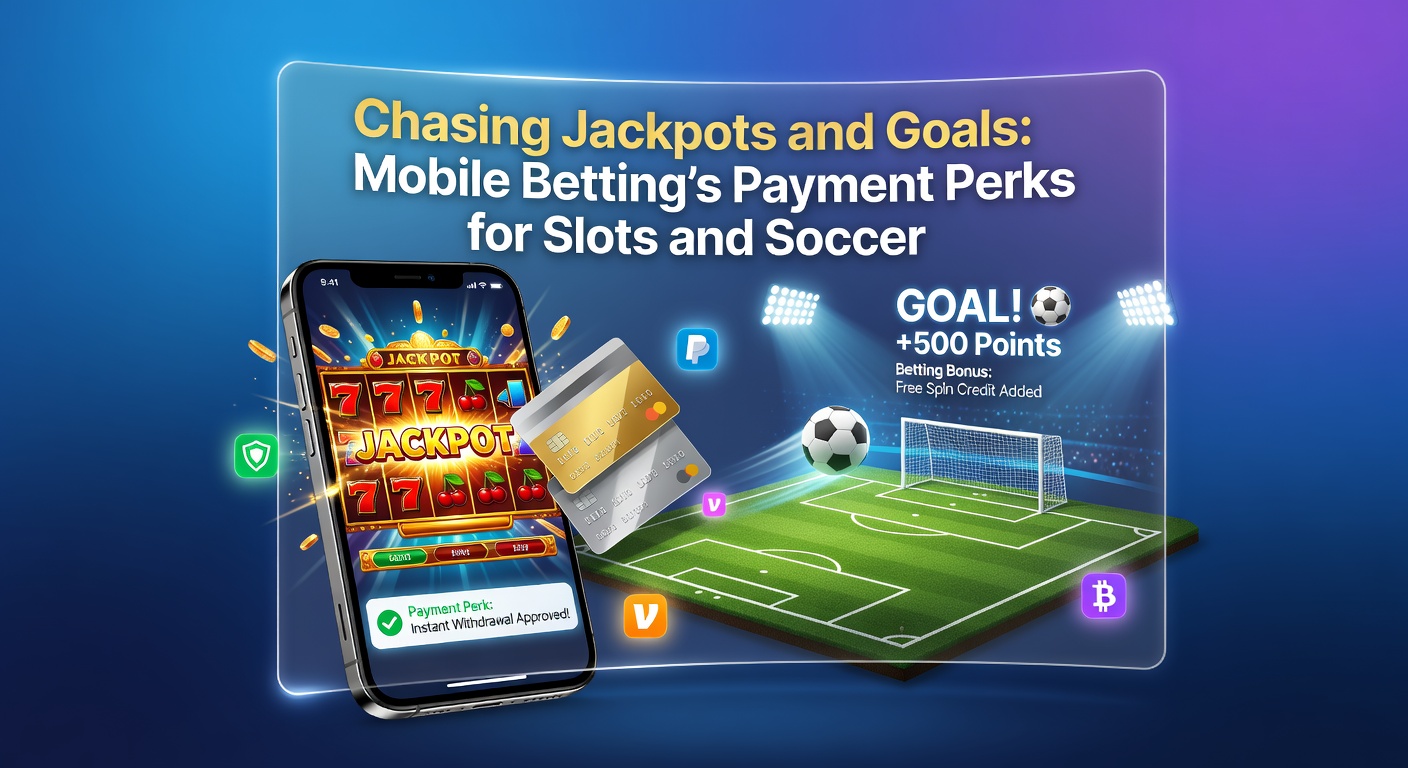 Smartphone mit Slots und Fußballwette im Vordergrund, umgeben von Zahlungssymbolen wie Karten und Wallets