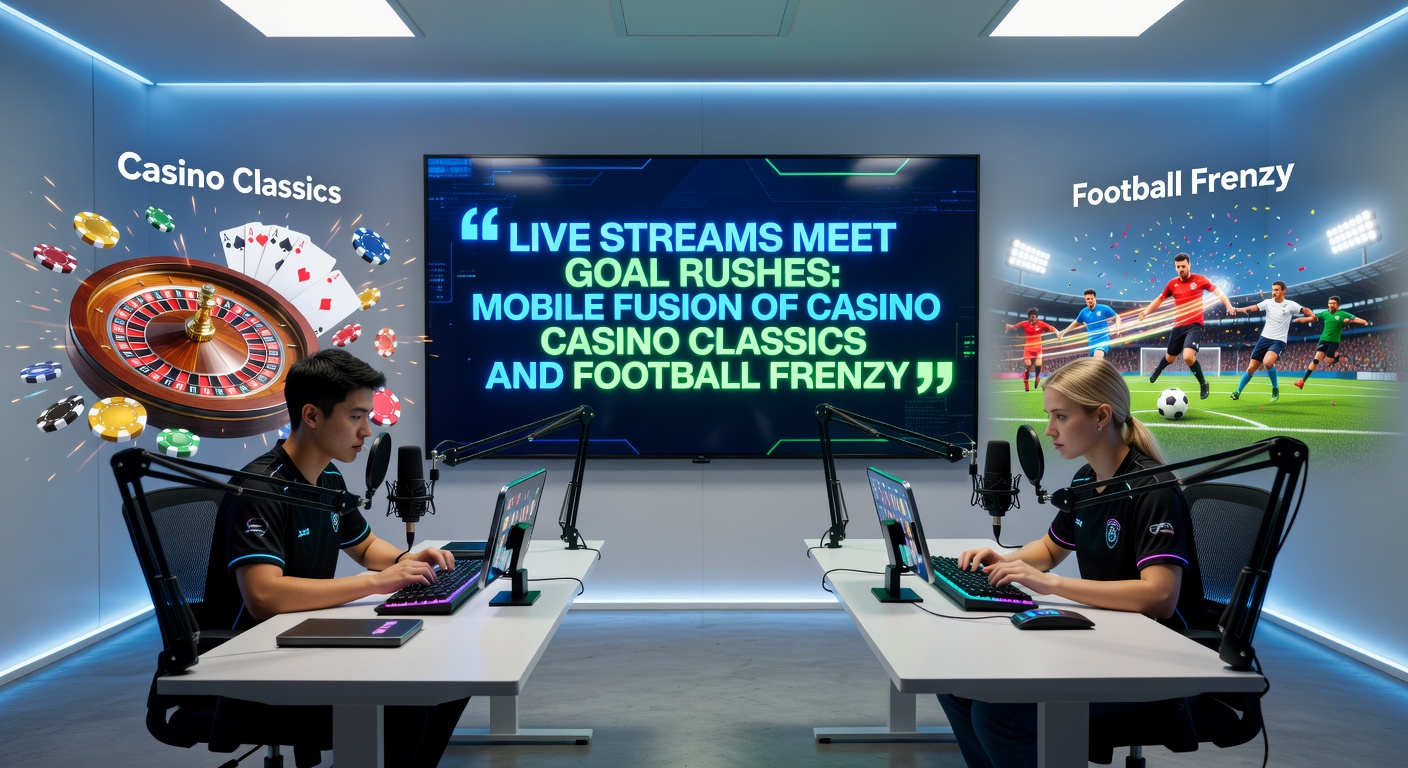 Dynamische Mobile-App-Schnittstelle mit Live-Fußball-Stream, überlagert von einem Blackjack-Tisch und Goal-Rush-Wetten während eines intensiven Matches