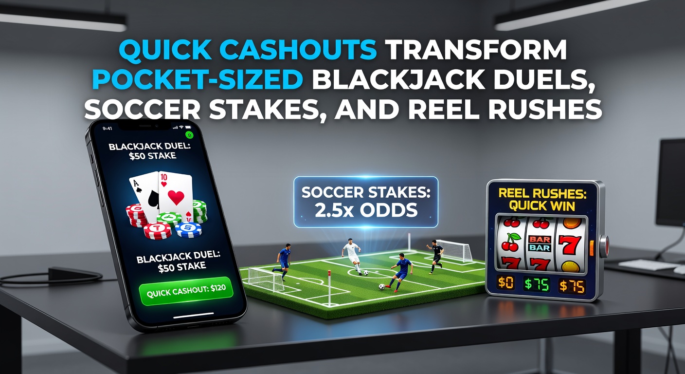 Smartphone mit Blackjack-Tisch, Fußballmatch und drehenden Slot-Walzen im Vordergrund, symbolisiert schnelle mobile Auszahlungen
